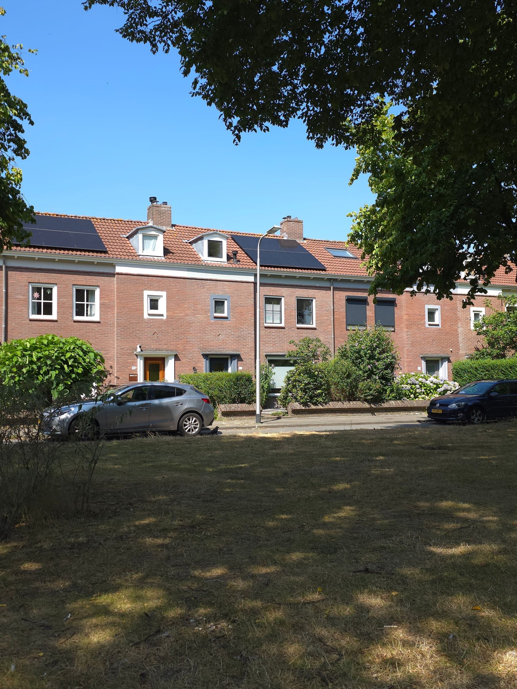 Voorgevels gezien over de groene middenberm met volwassen bomen