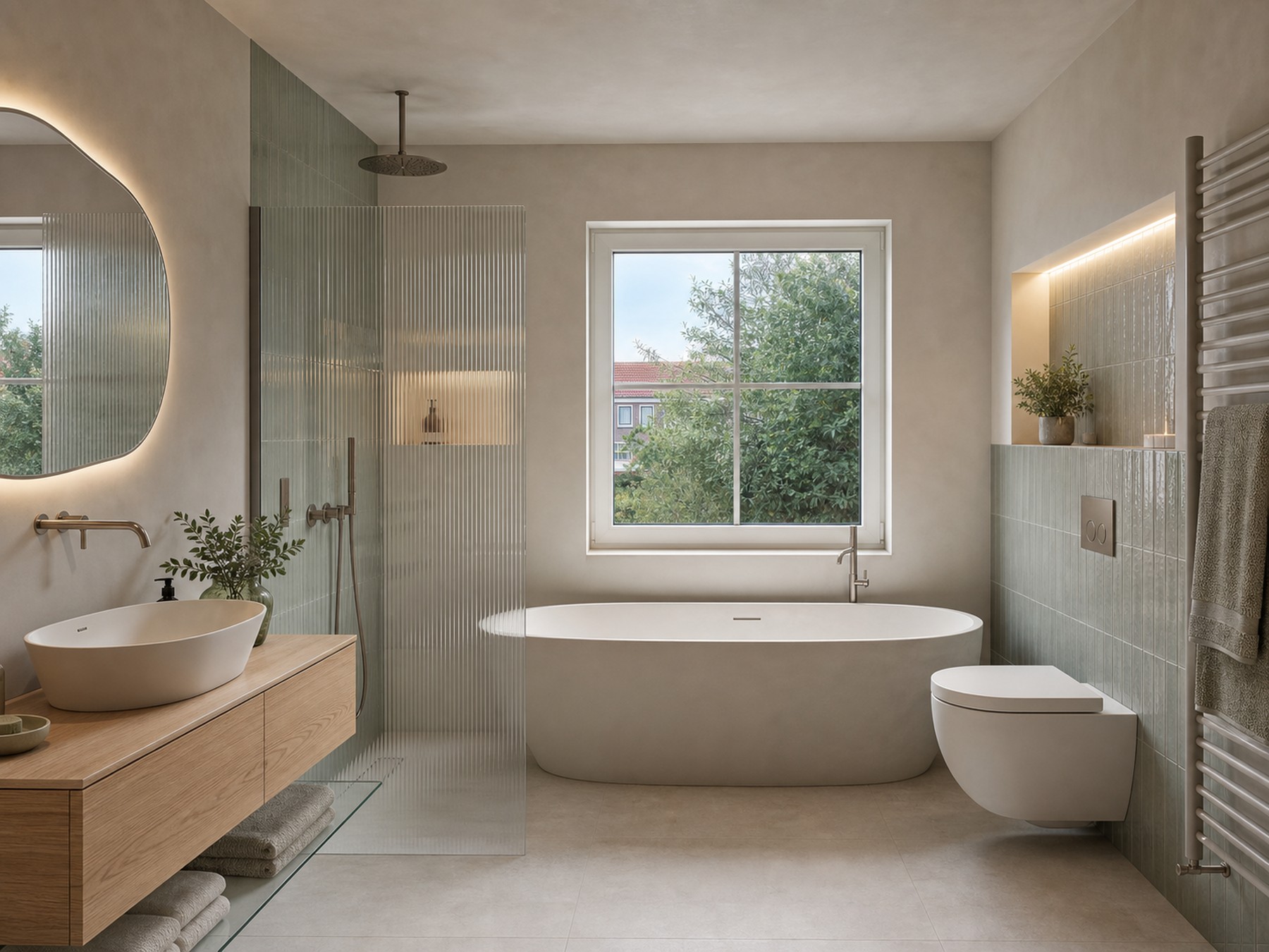 AI-impressie: slaapkamer 3 als lichte luxe badkamer met groene tegelaccenten, ligbad, douche en toilet