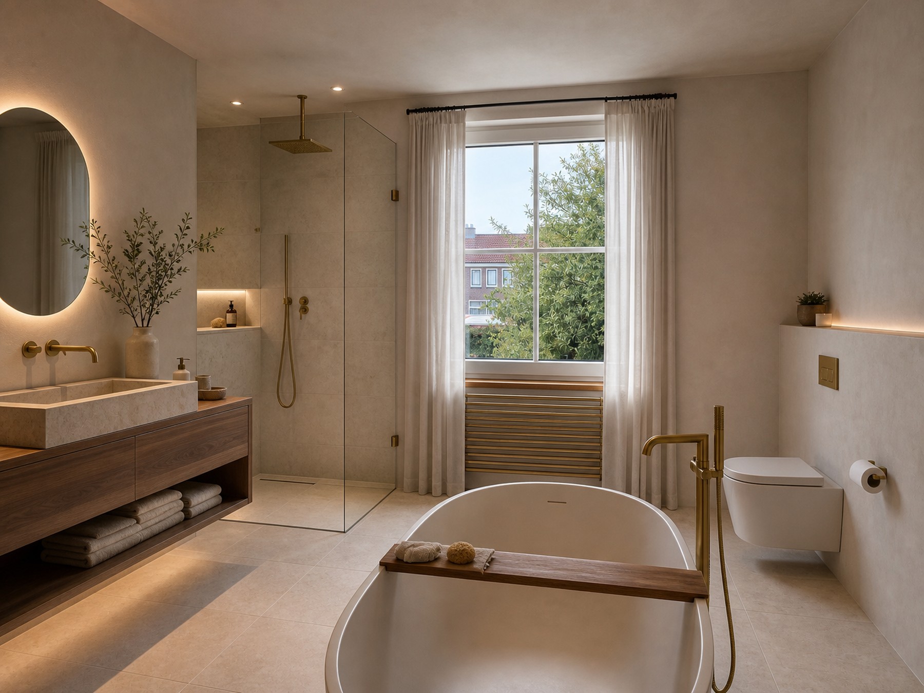 AI-impressie: slaapkamer 3 als luxe warme badkamer met ligbad, inloopdouche, wastafelmeubel en toilet